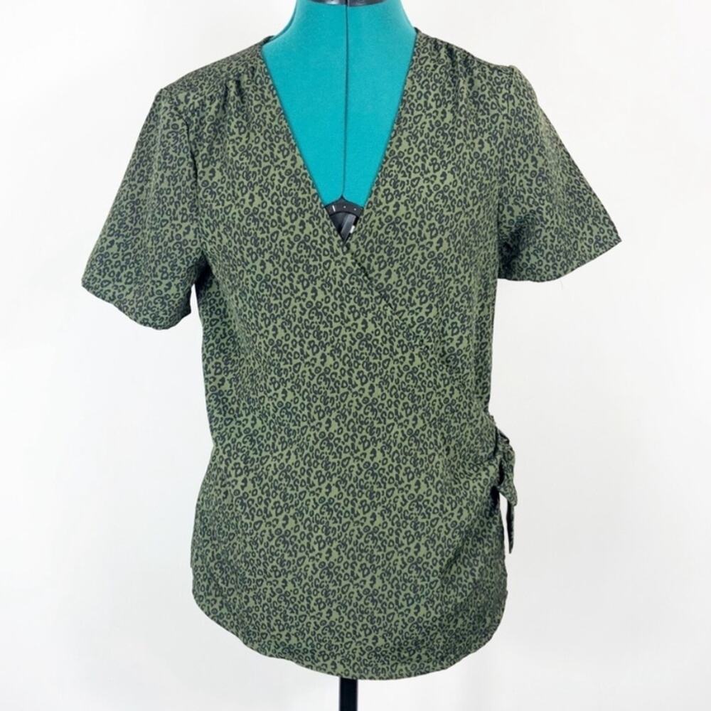 NWT bobeau army green and black leopard print wrap top